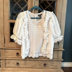 Express ‘Black’ White Crochet Knit Puff Sleeve Top
